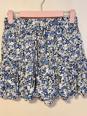 Zara Flare Ruffle Bloomer Shorts Cinched Waist Blue White Black Floral Womens S